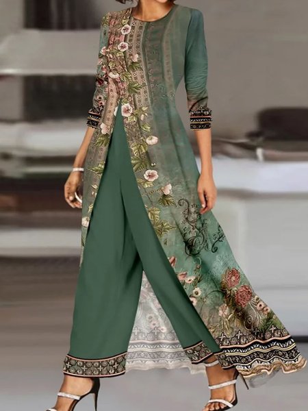 Women's Floral Daily Going Out Two Piece Set Long Sleeve Casual Summer Top With Pants Matching Set, Green, Suit Set