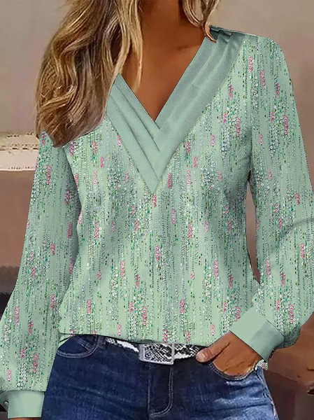 V Neck Loose Abstract Casual T-Shirt, Lightgreen, T-Shirts