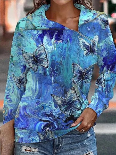 

Casual Asymmetrical Collar Zipper Psychedelic Art Butterfly Loose Sweatshirt, Blue, Sweatshirts & Hoodies