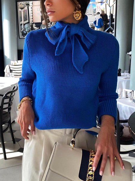 

Regular Fit Elegant Plain Long Sleeve Sweater, Blue, Pullovers