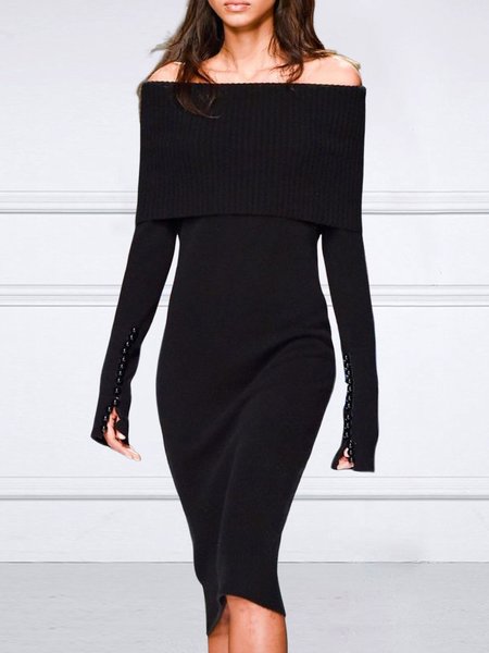 

Elegant Boat Neck Plain Long Sleeve Sweater Dress, Black, Midi Dresses