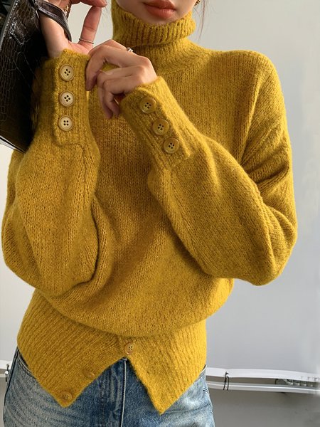 

Urban Turtleneck Plain Buttoned Sweater, Yellow, Pullovers