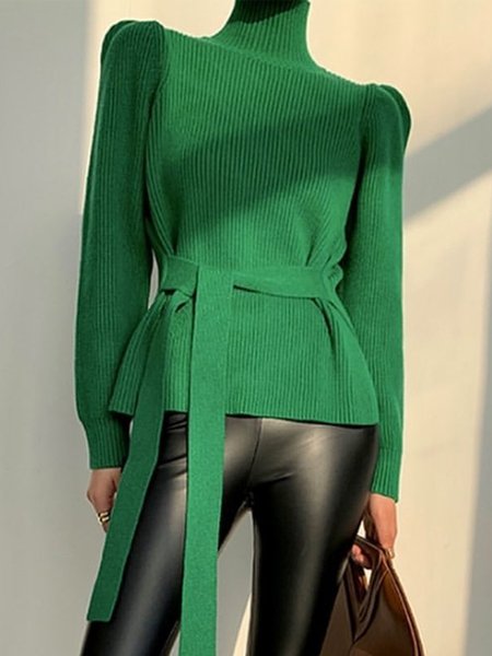 

Urban Regular Plain Fit Long Sleeve Sweater With Belt, Green, Pullovers