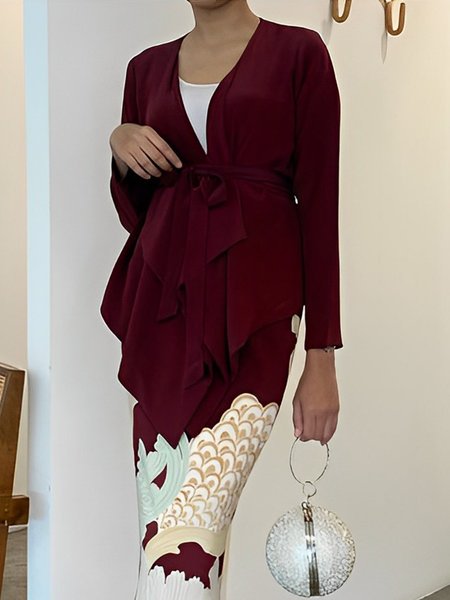 

Elegant Regular Fit Plain Long Sleeve Kimono, Crimson, Kimonos
