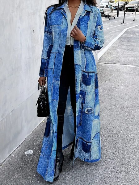 

Lapel Collar Urban Color Block Faux Denim Print Trench Coat, Blue, Coats