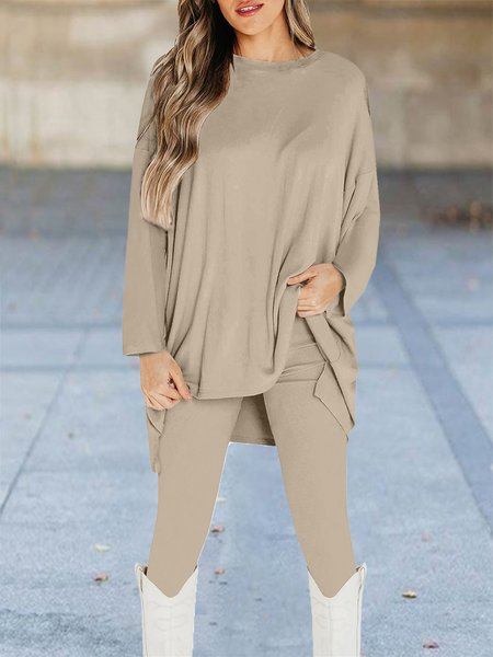 

Plain Casual Two-Piece Set, Khaki, Suit Set
