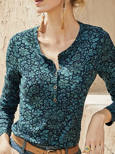 

Ethnic Ethnic Crew Neck Long Sleeve T-shirt, Green, T-shirts