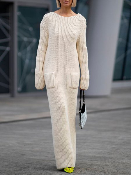 

Loose Long Sleeve Urban Sweater Dress, Beige, Maxi Dresses