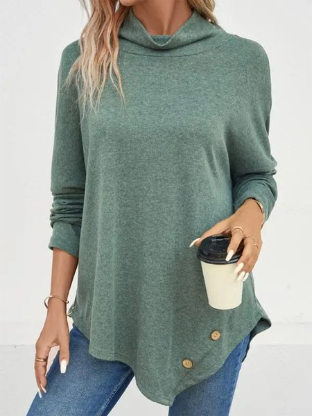 

Buttoned Casual Loose Half Turtleneck Shirt, Green, Shirts & Blouses
