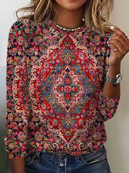 

Long Sleeve Casual Ethnic Print T-Shirt, Red, T-shirts