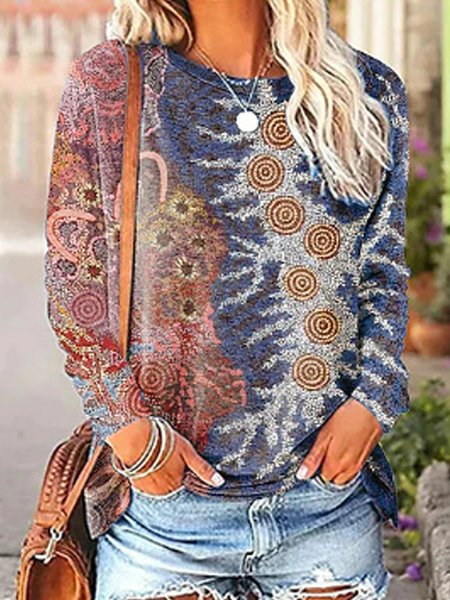 

Crew Neck Ethnic Loose Ethnic T-Shirt, Blue, Long sleeves