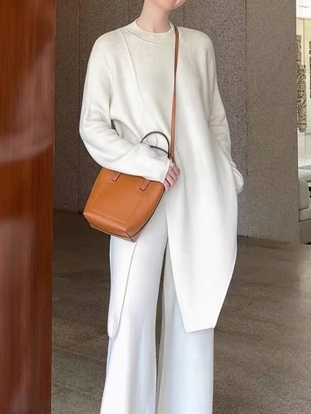 

Regular Fit Crew Neck Plain Elegant Sweater, White, Pullovers
