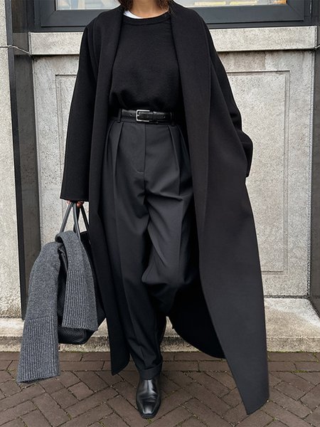 

Shawl Collar Urban Plain Loose Coat, Black, Coats