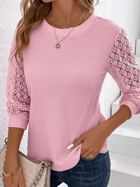 

Knitted Crew Neck Loose Lace Casual Sweatshirt, Pink, Long Sleeves