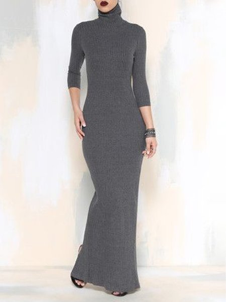 

Plain Elegant Turtleneck Tight Sweater Dress, Gray, Maxi Dresses