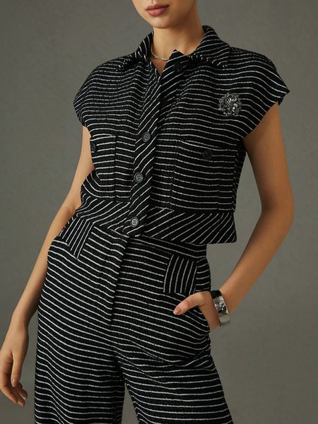 

Shawl Collar Urban Striped Vest With Brooch, Black, Vests and Gilets
