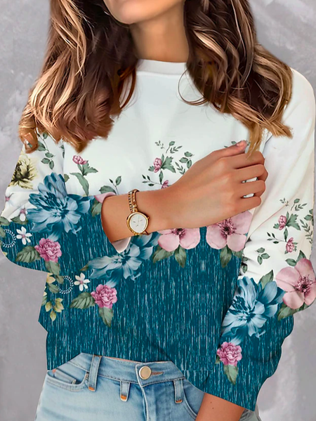 

Casual Loose Crew Neck Floral Sweatshirt, Blue, Sweatshirts & Hoodies