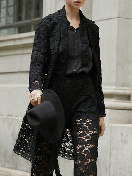 

Urban Plain Loose Lace Long sleeve Coat, Black, Coats