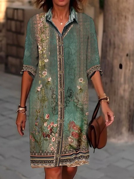 Ethnic Shirt Collar Casual Dress With No, Green, Dresses