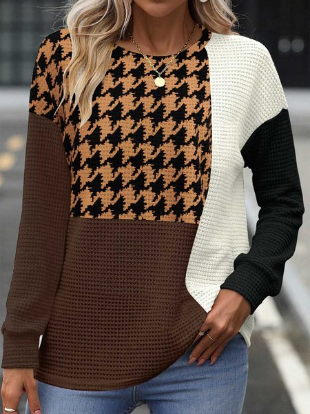 

Crew Neck Casual Houndstooth Sweatshirt, Camel, Sweatshirts & Hoodies