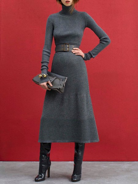 

Regular Fit Turtleneck Elegant Plain Sweater Dress With No Belt, Gray, Maxi Dresses