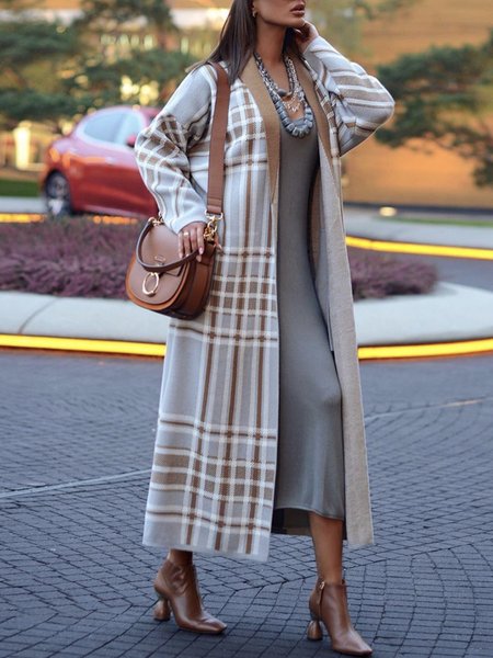 

Long Sleeve Urban V Neck Plaid Cardigan, Gray, Cardigans