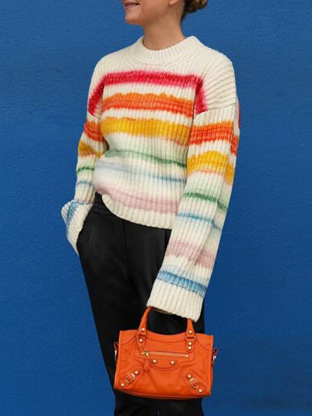 

Casual Crew Neck Striped Long Sleeve Sweater, White, Pullovers