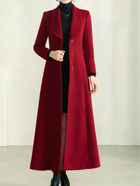 

Elegant Plain Shawl Collar Long Sleeve Regular Fit Long Coat, Red, Coats