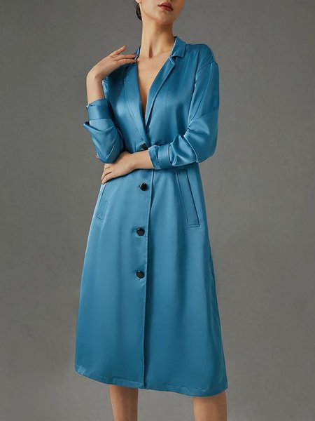 

Loose Plain Urban Lapel Collar Trench Coat, Blue, Coats