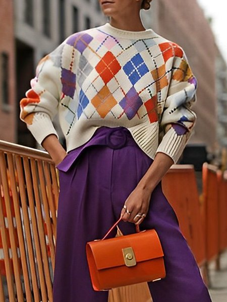 

Urban Crew Neck Loose Plaid Long Sleeve Sweater, As picture, Pullovers