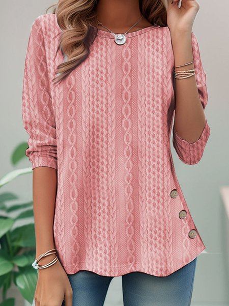 

Casual Loose Crew Neck Texture T-Shirt, Pink, Long sleeves