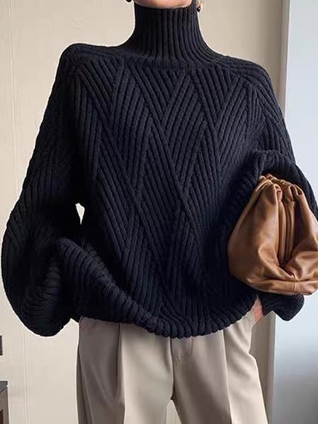 

Urban Plain Turtleneck Long Sleeve Sweater, Black, Pullovers