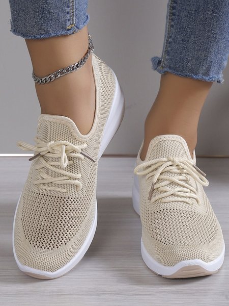 

Casual Lace-up Decor Breathable Flyknit Wedge Heel Slip On Sneakers, Apricot, Sneakers