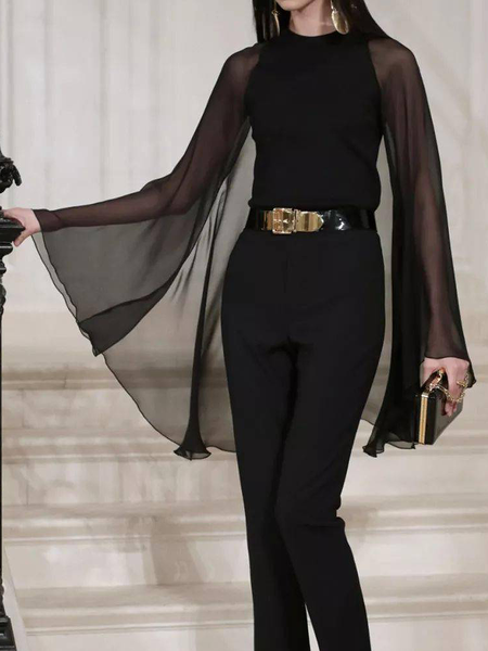 High Elasticity Regular Fit Plain Crew Neck Long Sleeve Elegant Shirt, Black, Blouses and Shirts