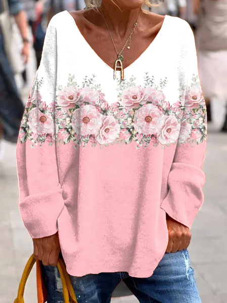 

Plus Size Casual V Neck Buttoned Knitted T-Shirt, Pink, Long sleeves