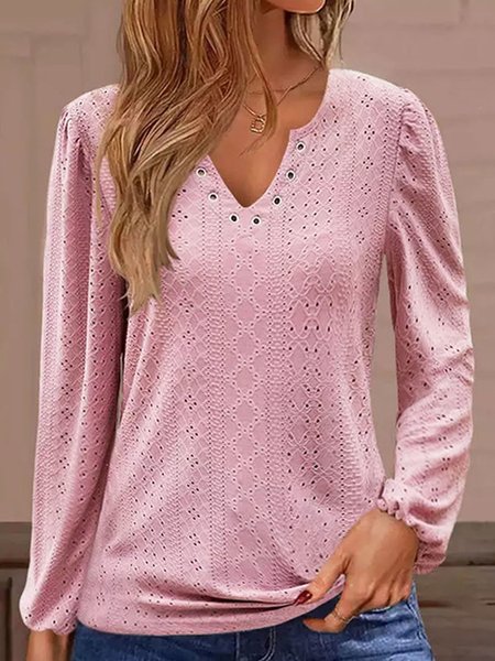 

Plain Notched Loose Casual Shirt, Pink, Long Sleeves