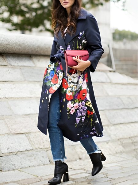 

Loose Urban Floral Trench Coat With Belt, Deep blue, Coats