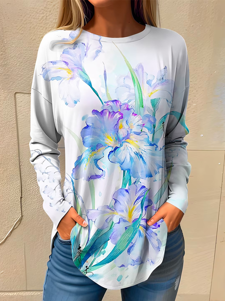

Loose Floral Crew Neck Casual T-Shirt, White, T-Shirts