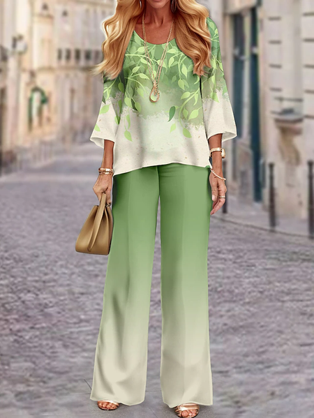 

Crew Neck Casual Leaf Two-Piece Set, Green, Suit Set
