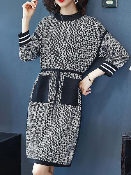 

Regular Fit Long Sleeve Urban Crew Neck Sweater Dress, Black, Midi Dresses