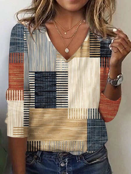 

V Neck Casual Knitted T-Shirt, Brown, T-Shirts