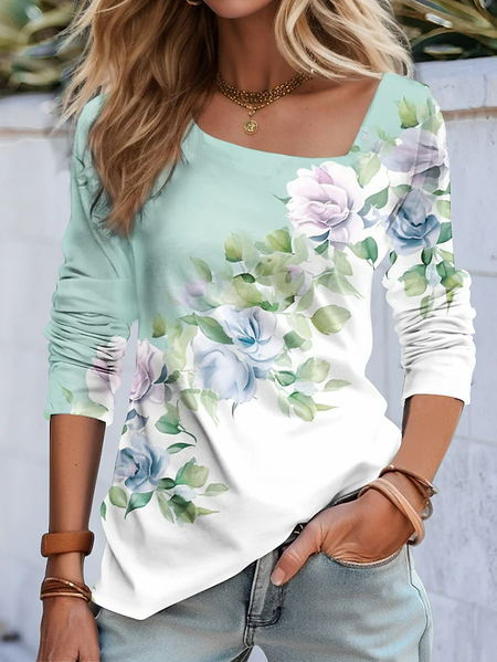 

Knitted Floral Casual T-Shirt, Green, T-Shirts