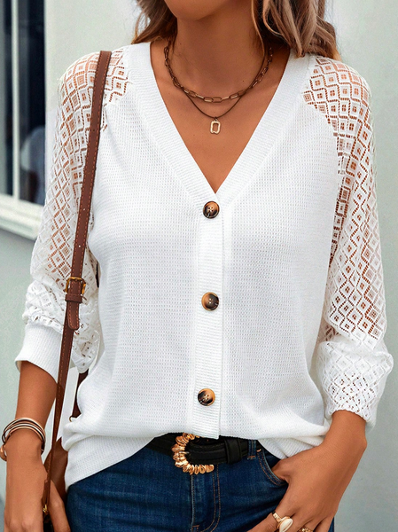 

Cross Neck Loose Plain Casual Contrast Lace Raglan Sleeve Button Front Kimono, White, Cardigans