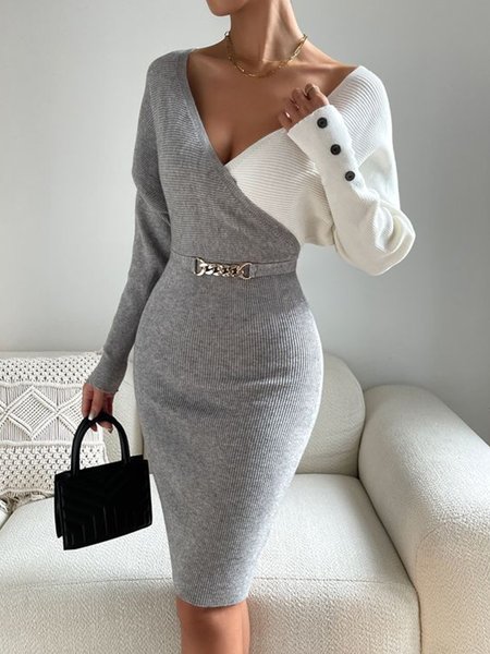

Long Sleeve Color Block Urban Tight Sweater Dress, Gray, Midi Dresses