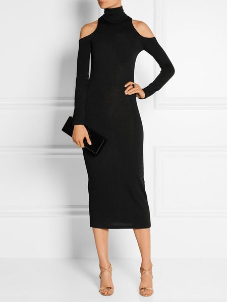 

Tight Urban Plain Long Sleeve Midi Dress With No Belt, Black, Midi Dresses