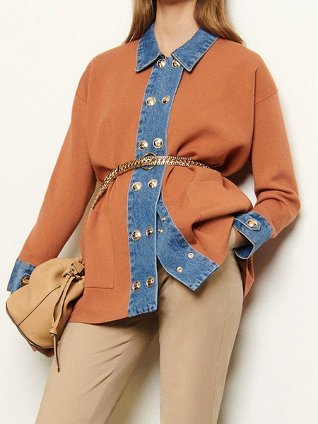 

Loose Color Block Long Sleeve Urban Shirt Collar Jacket, Orange, Jackets