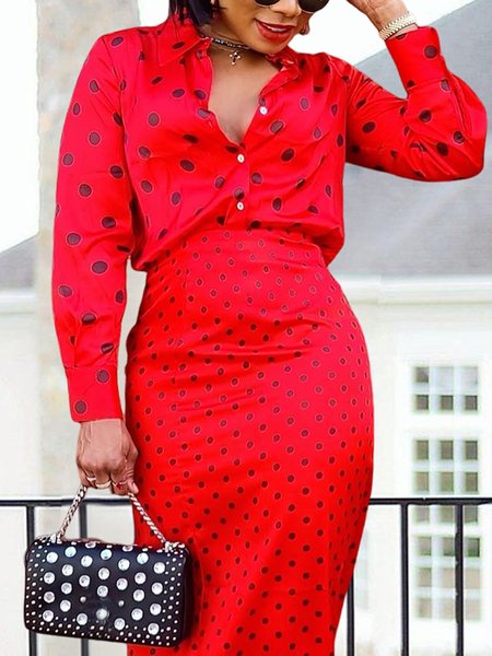 

Regular Fit Elegant Polka Dots Long Sleeve Blouse, Red, Blouses and Shirts