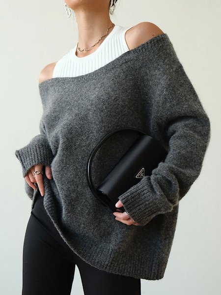 

Color Block Urban Cold Shoulder Sweater, Gray, Pullovers