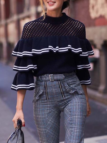 

Elegant Long Sleeve Color Block Loose Sweater, Deep blue, Pullovers