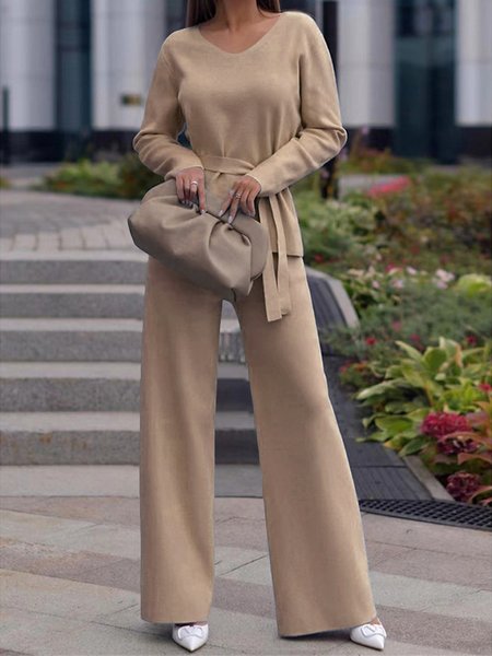 

V Neck Loose Casual Plain Two-Piece Set, Khaki, Suit Set